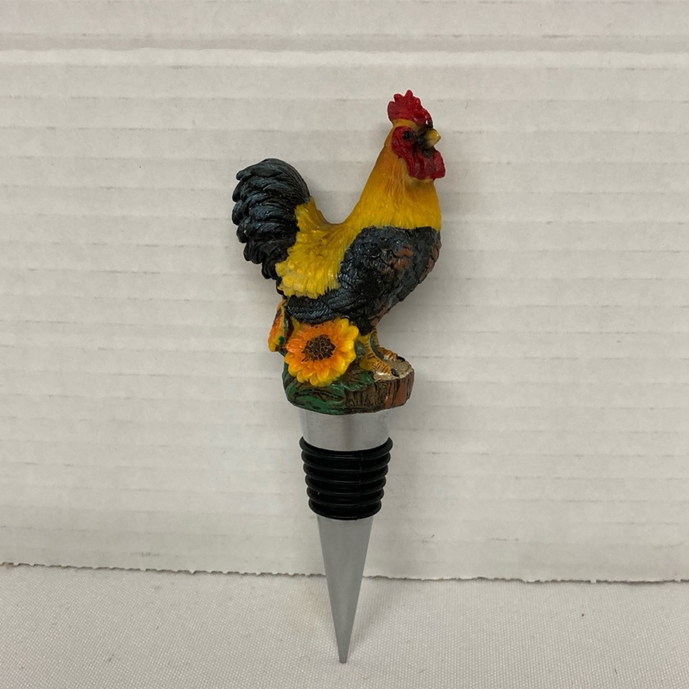 Rooster Chicken & Sunflower Design Silver Tone Wine Bottle Stopper Decorative